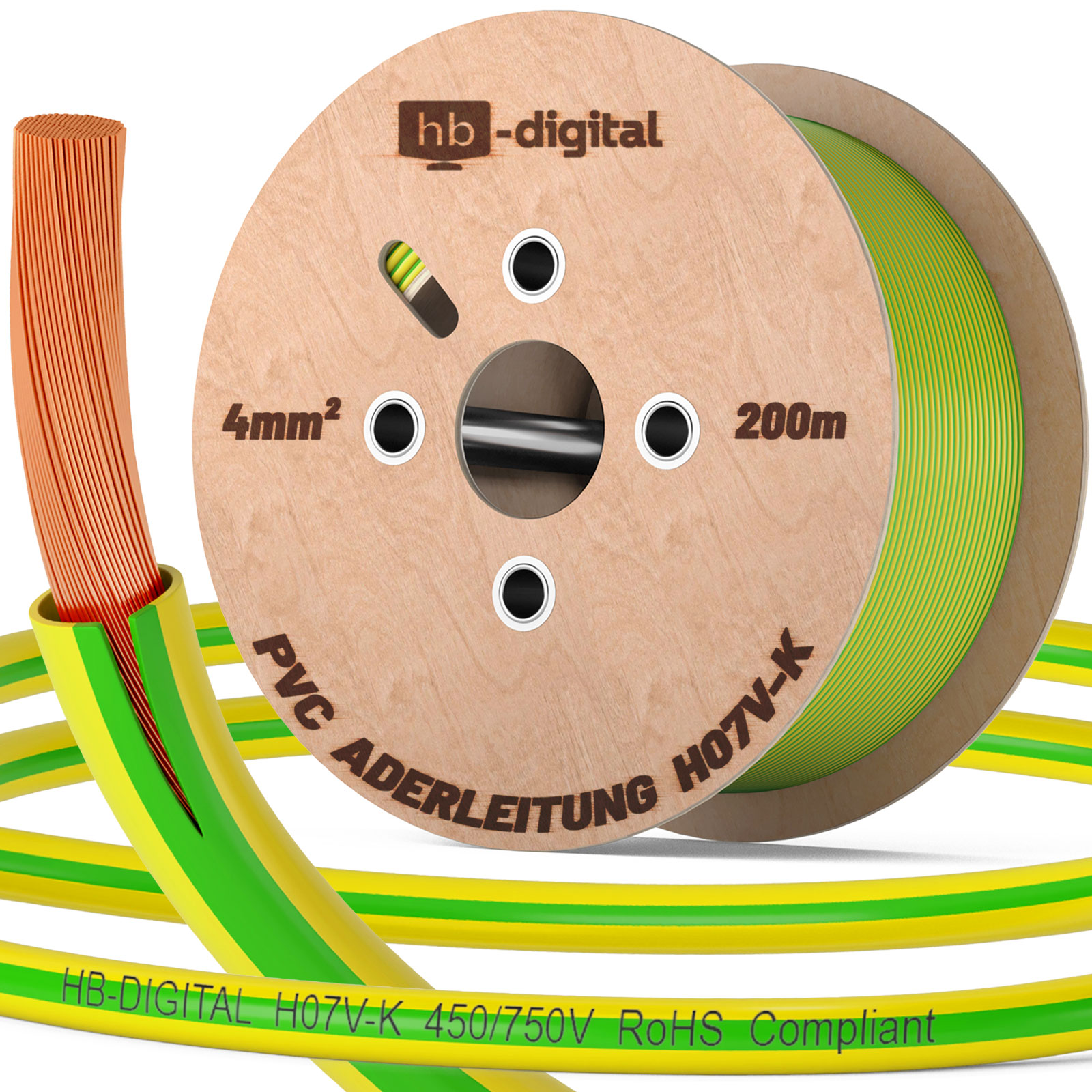 Ein Kabel auf einer Holzspule, 4mm², 200m lang, mit grünen und gelben Streifen.