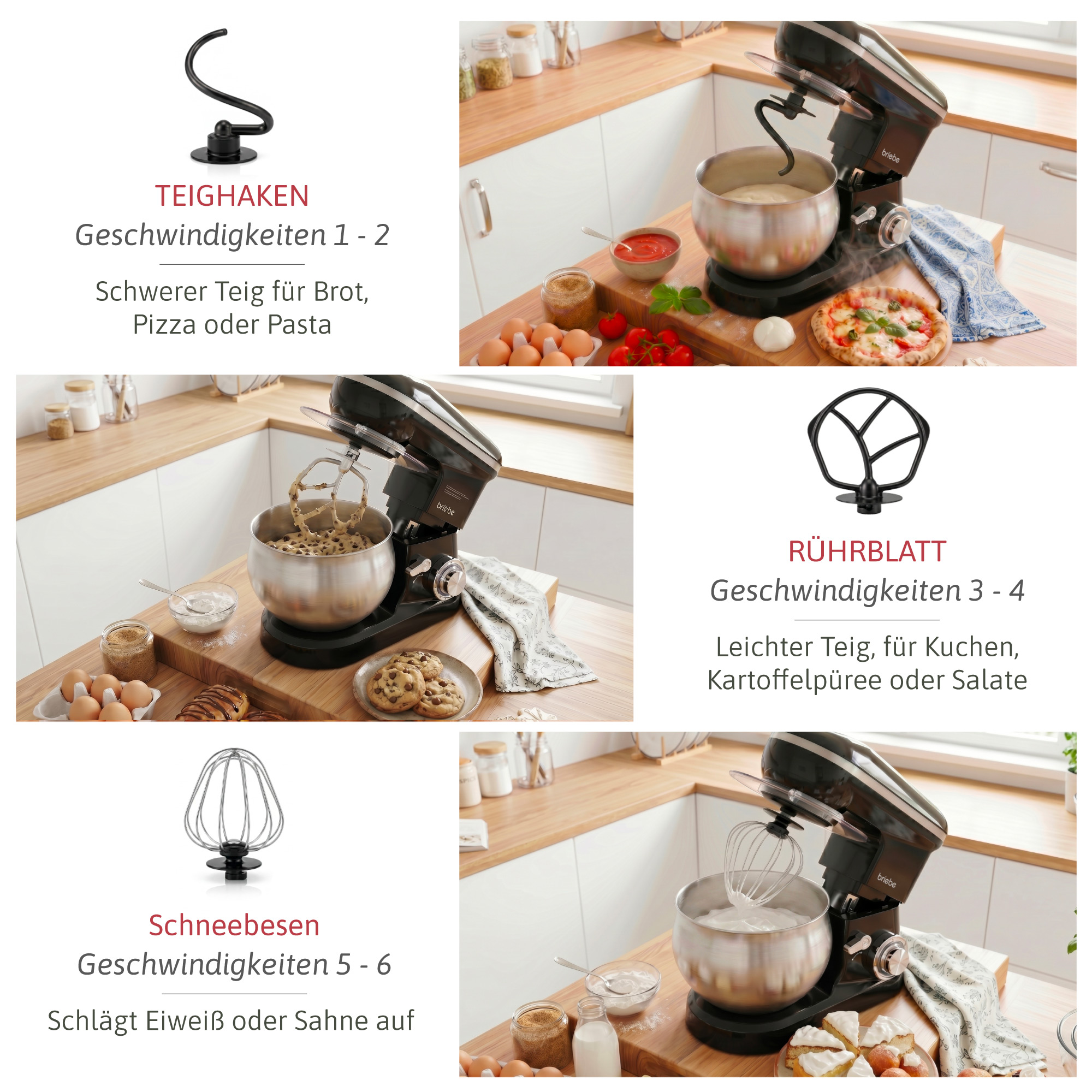 Batidora de cocina con gancho amasador, varillas y batidor, mostrando diferentes masas y cremas.