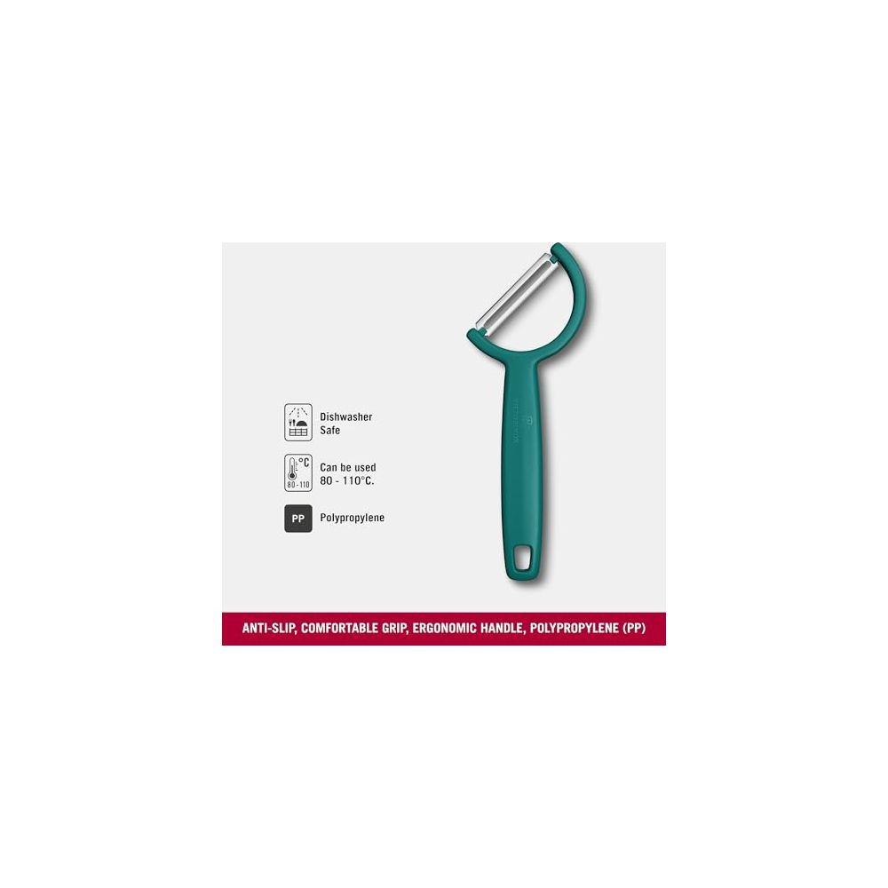 Metal bıçaklı ve ergonomik saplı, teal renkli bir soyucu.