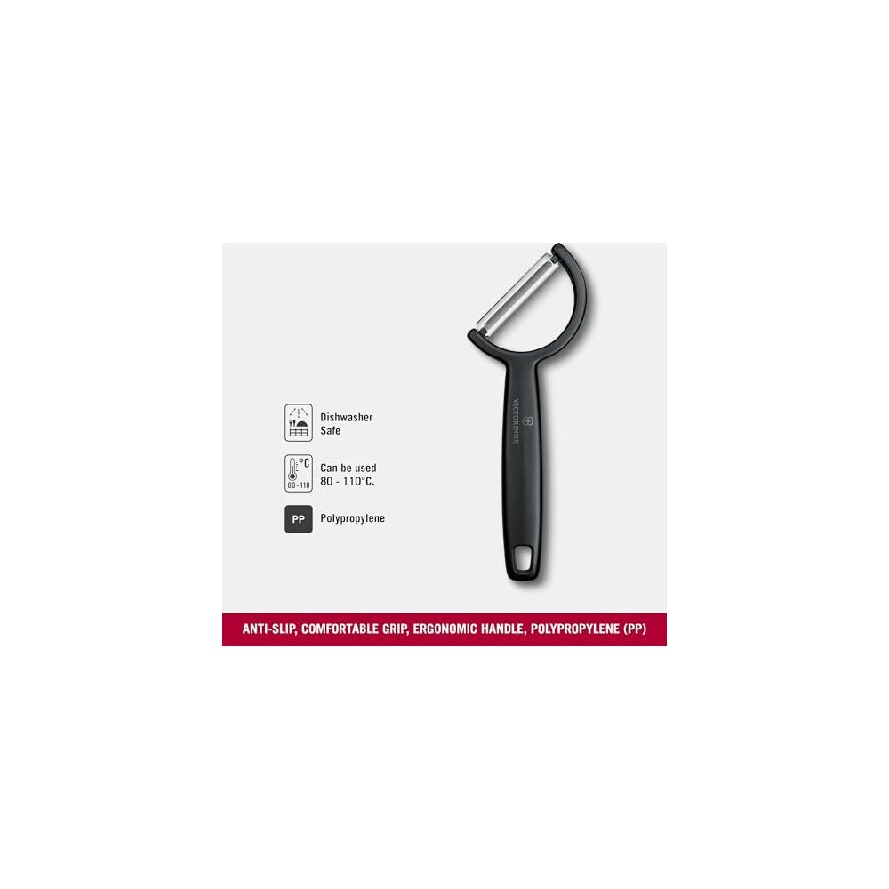 Gümüş bıçaklı siyah Victorinox soyucu gösteriliyor. Simgeler bulaşık makinesinde yıkanabilir olduğunu belirtiyor.