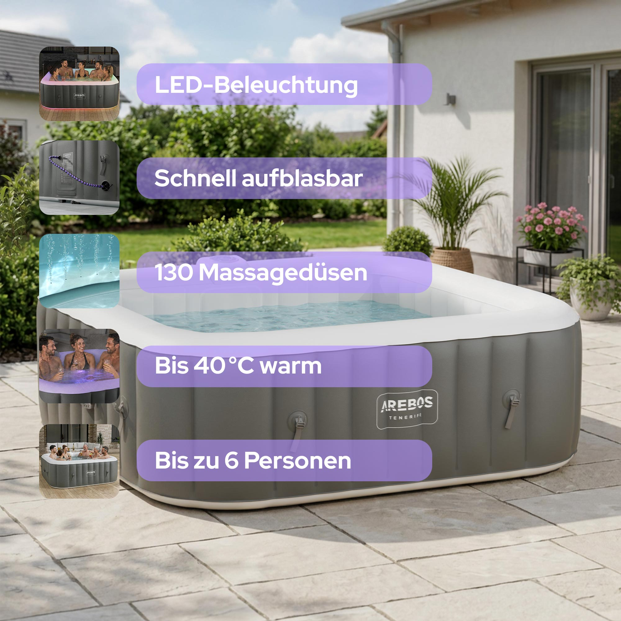 Aufblasbarer Whirlpool mit LED-Beleuchtung, 130 Düsen, bis 40°C warm, für 6 Pers.