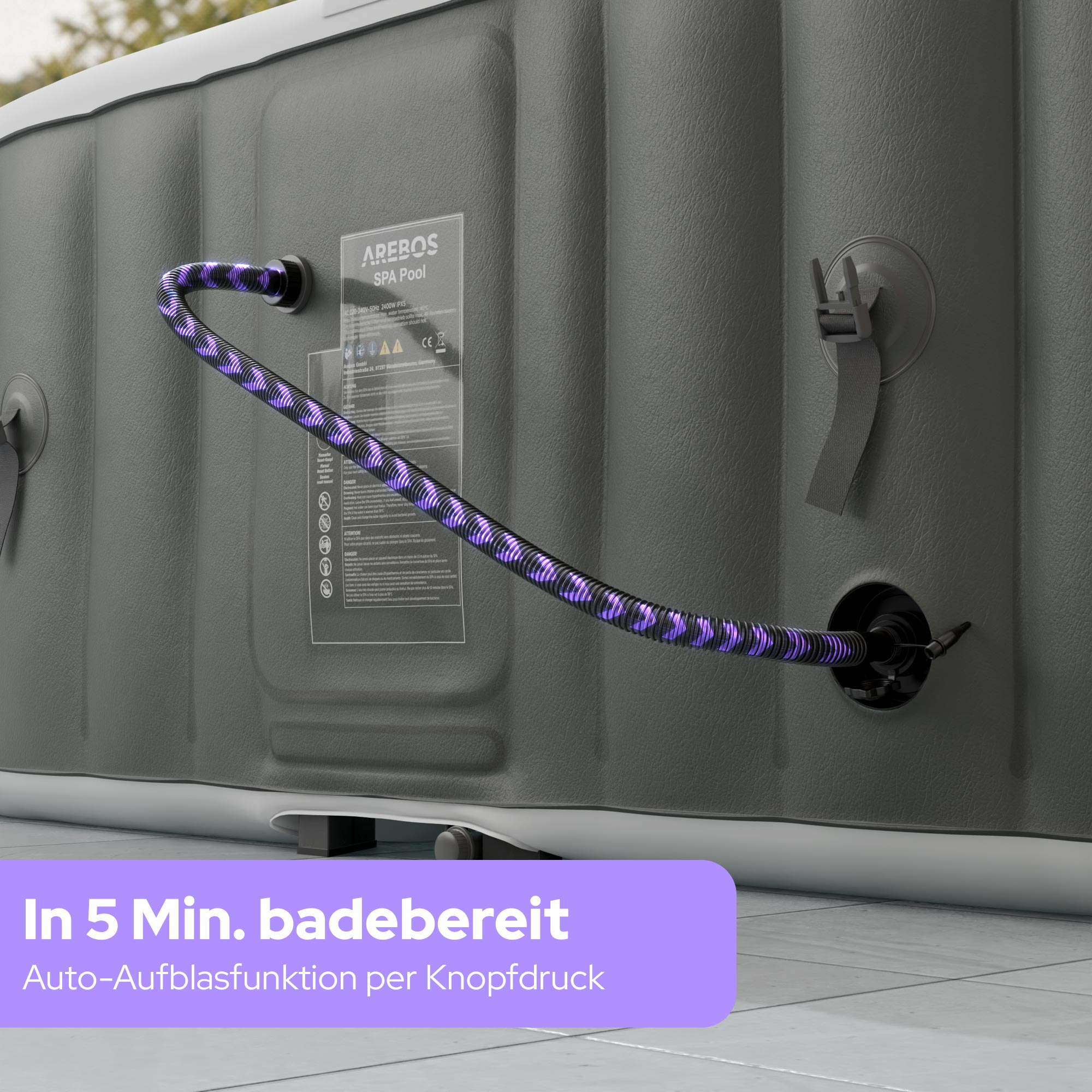 Aufblasbarer Pool mit Schlauch und Beschriftung. Unten lila Text.