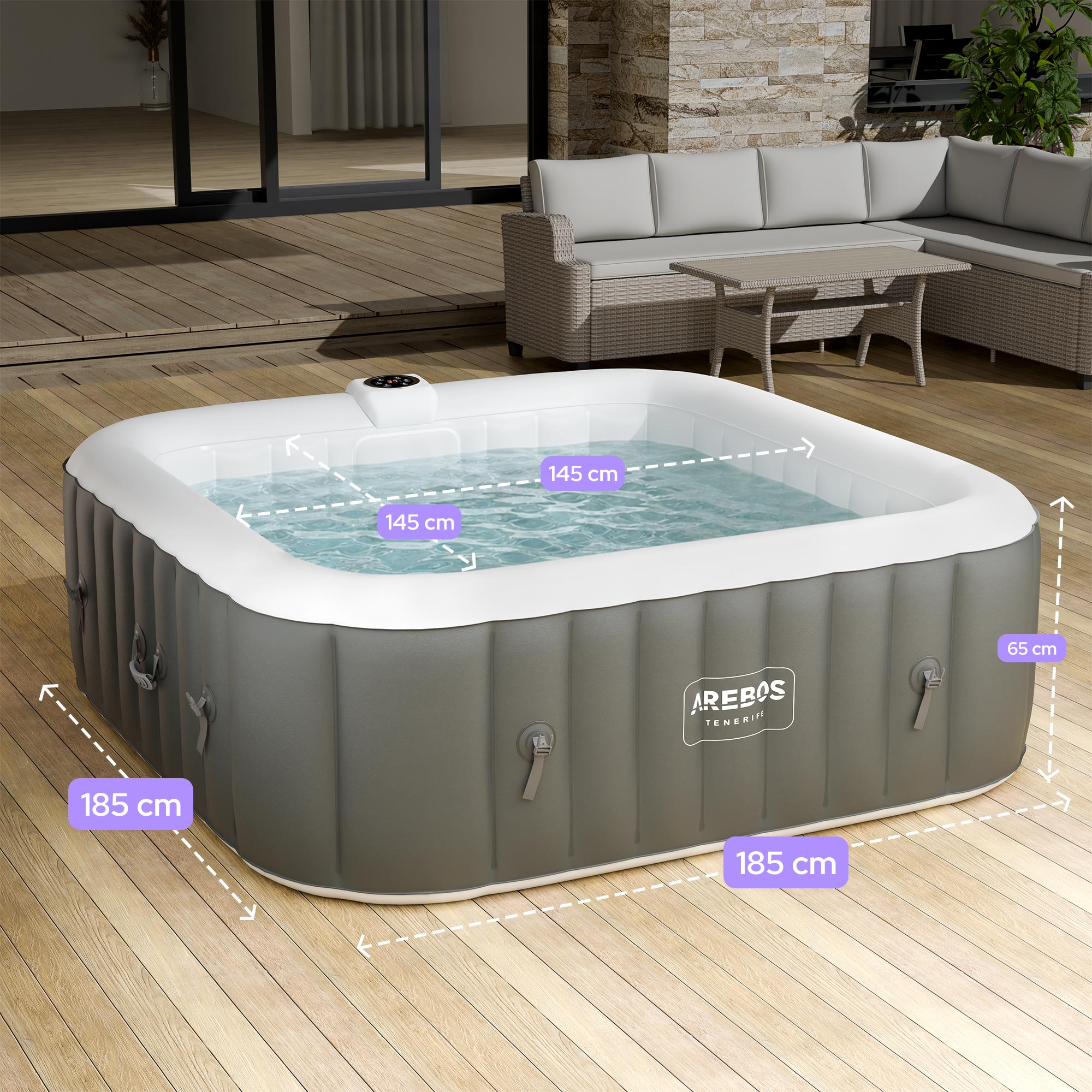 Aufblasbarer Whirlpool mit 145x145x65cm Maßen auf einer Holzterrasse.