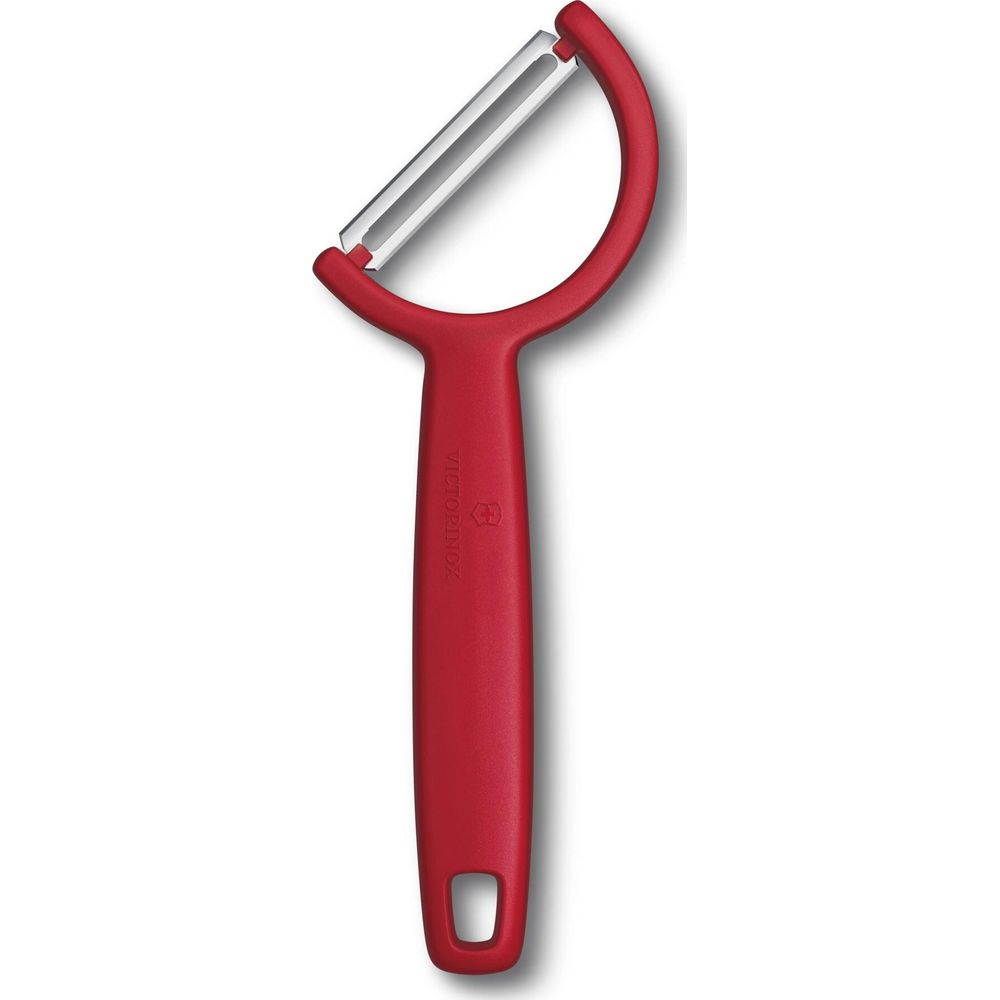 Beyaz zeminde gümüş bıçaklı kırmızı Victorinox soyacak.