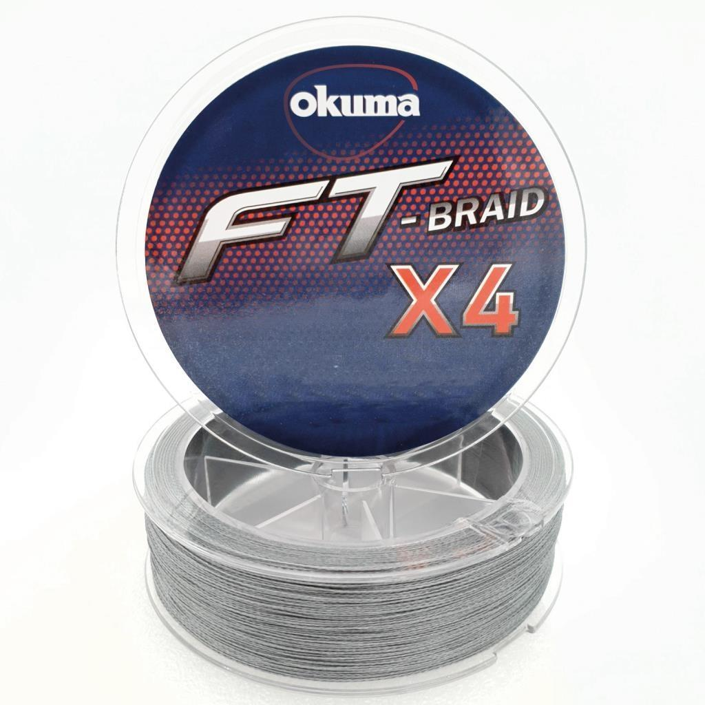 Mavi etiketli gri misina makarası üzerinde "Okuma FT BRAID X4" yazıyor.