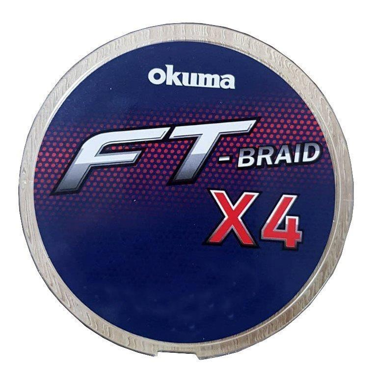 Okuma FT Braid X4 makarası, mavi zemin ve kırmızı noktalar.