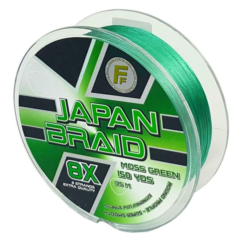 Japan Braid, 8X, 150 YDS etiketli makarada yeşil balıkçılık ipi.