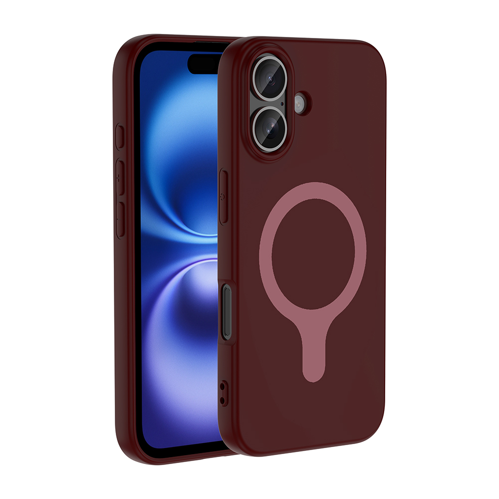 Arkada dairesel logo ve iki kamerası olan koyu kırmızı telefon kılıfı.