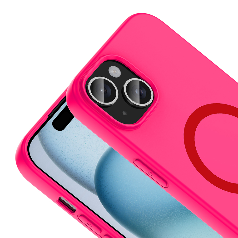 İki kamera lensli ve kırmızı halkalı parlak pembe telefon kılıfının yakın çekimi.
