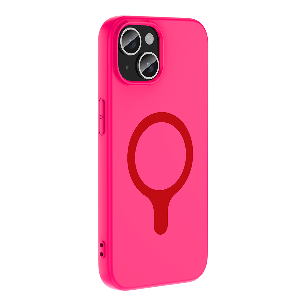 Kırmızı manyetik halka sembollü parlak pembe telefon kılıfı.