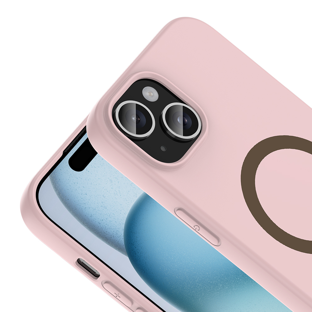 Kamera lensleri ve kahverengi halkası olan pembe telefon kılıfı.