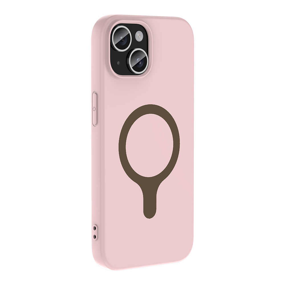 Kahverengi dairesel sembollü, beyaz kameralı ve düğmeli pembe telefon kılıfı.