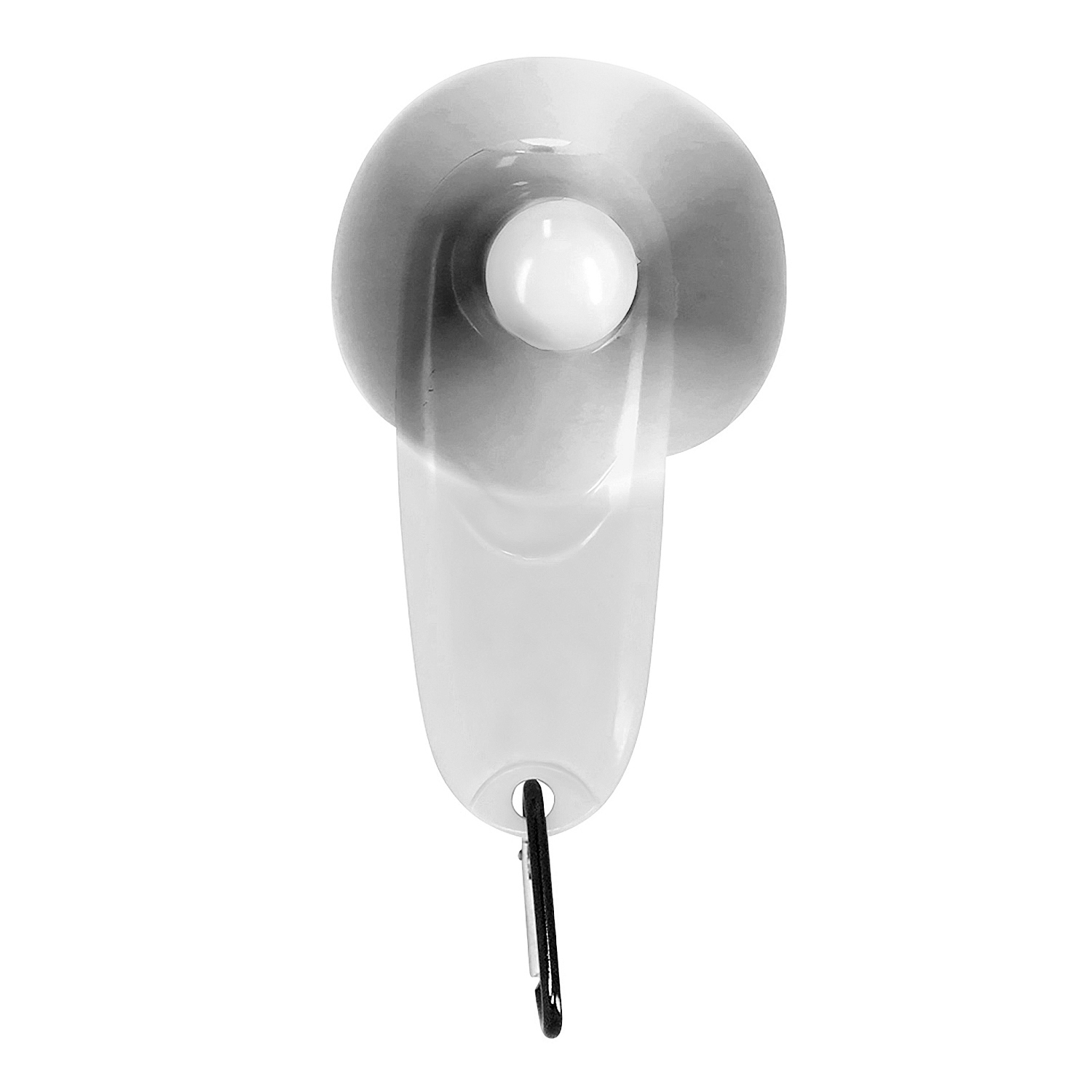 Una ventosa de plástico transparente con una perilla blanca y un mosquetón negro.