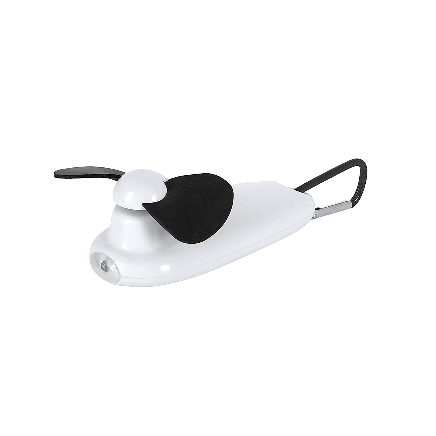 Un mini ventilador blanco con aspas negras y una luz LED.