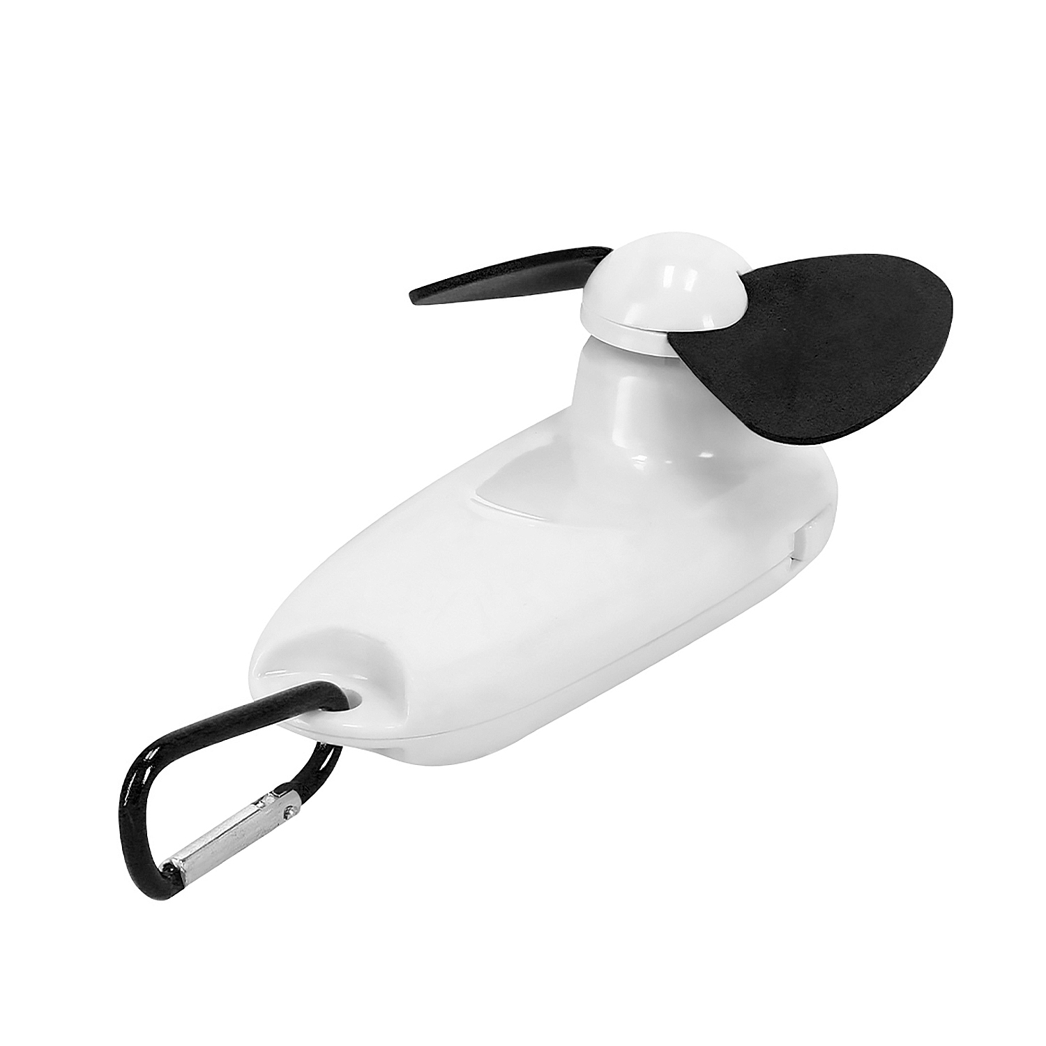 Se muestra un ventilador portátil blanco con aspas negras y un clip de mosquetón sobre fondo blanco.