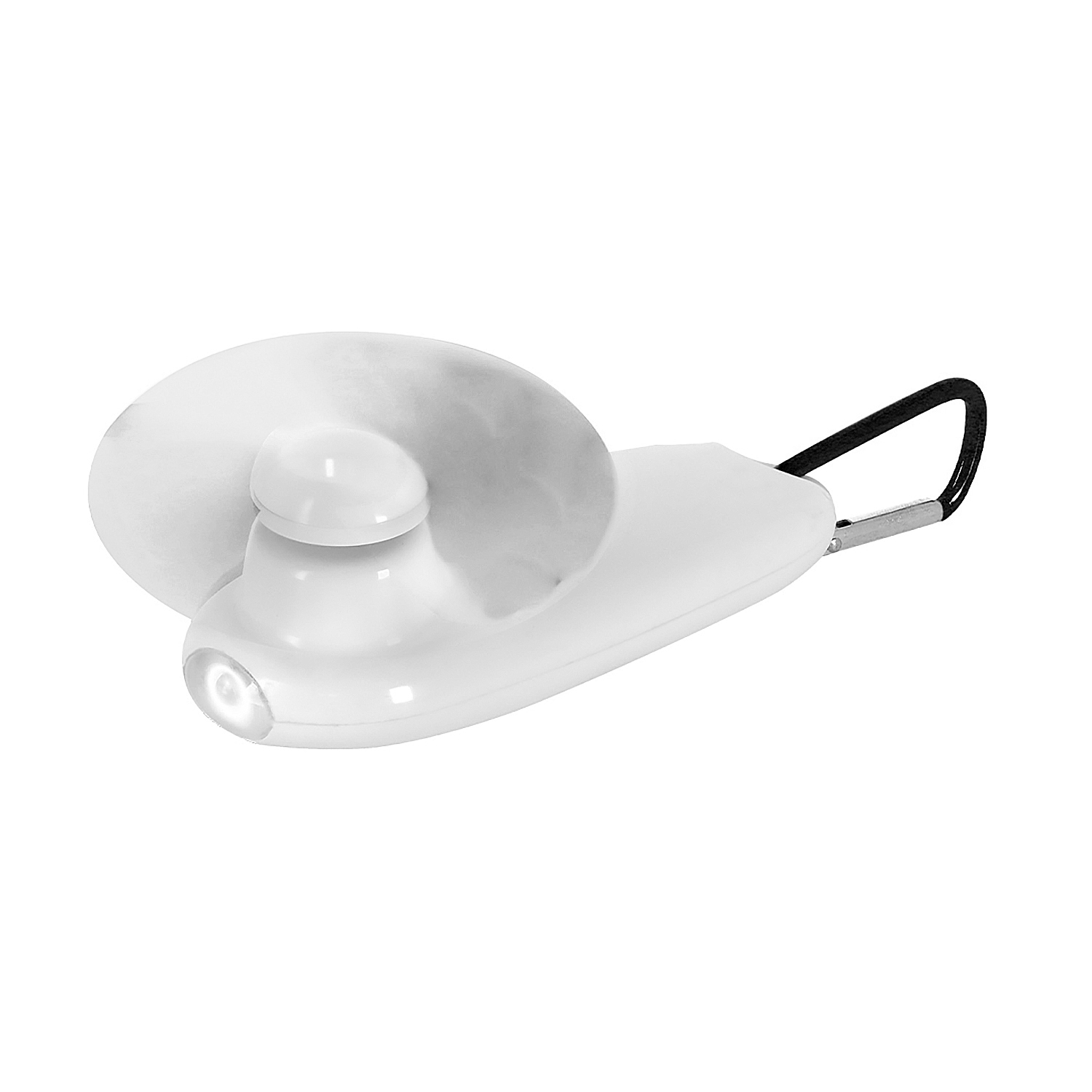 Un ventilador portátil blanco con una pequeña luz LED al frente y un clip de mosquetón negro.