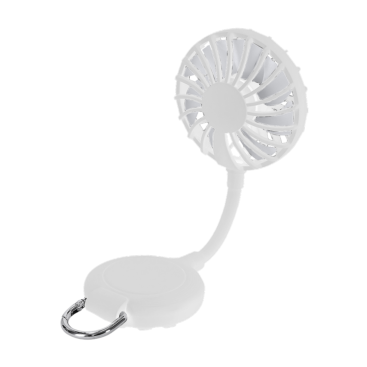 Un ventilador portátil blanco con cuello flexible y anilla para llaves en la base.