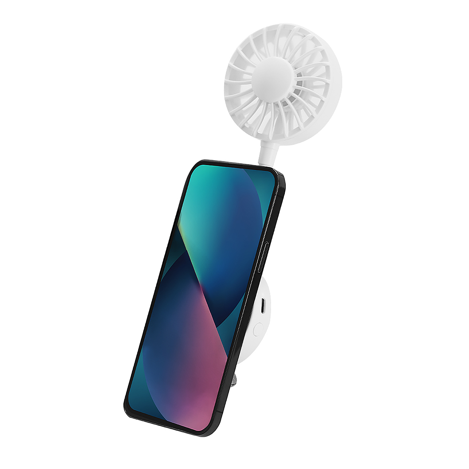 Un mini ventilador blanco est unido a un smartphone.