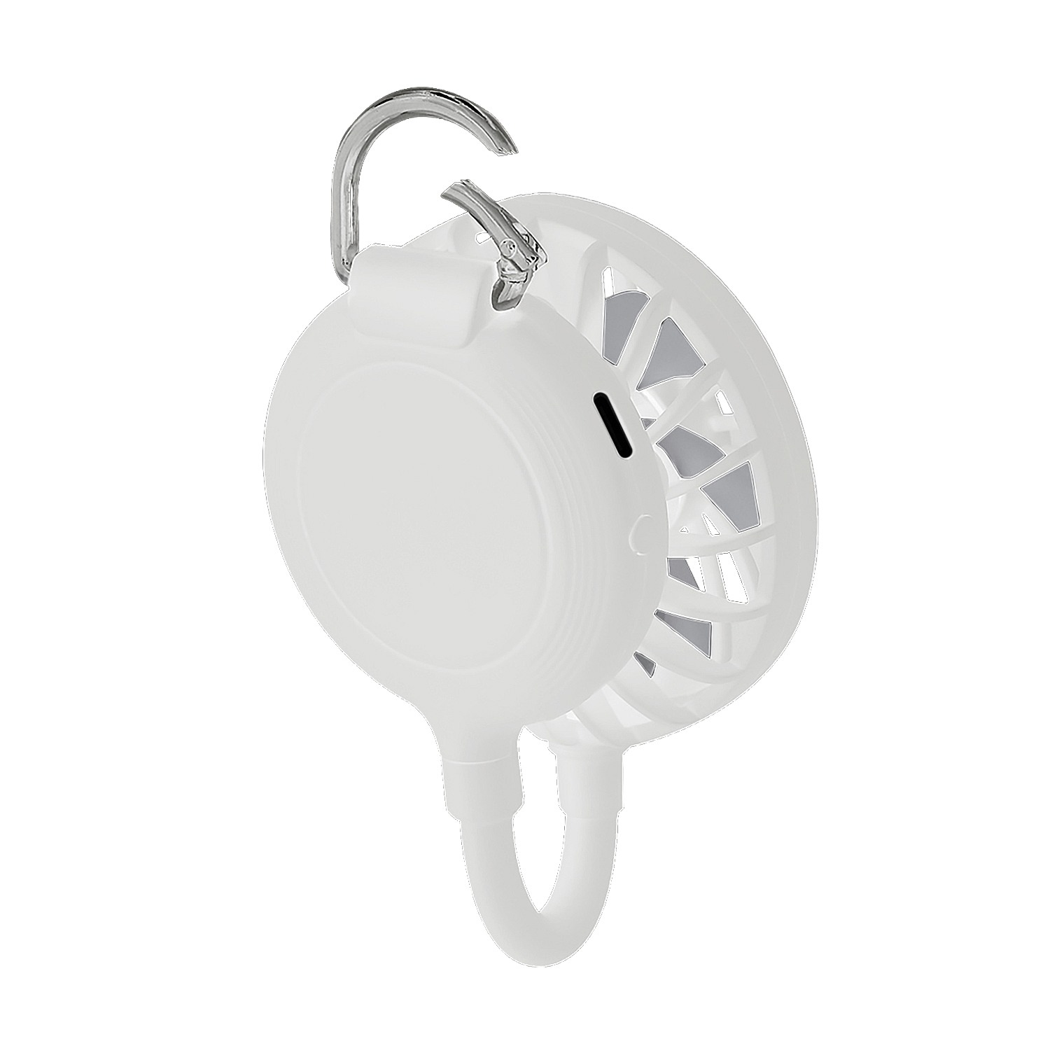 Un pequeño ventilador blanco con un mosquetón y gancho plateados.