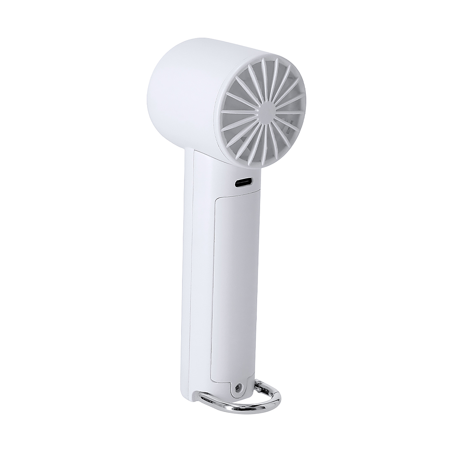 Un ventilador blanco de mano con puerto USB-C y un anillo metálico.