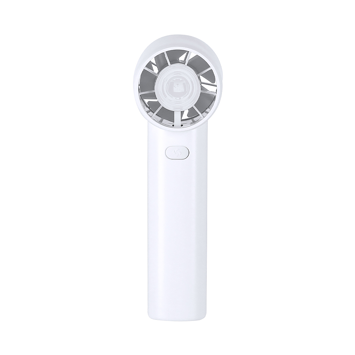 Un ventilador portátil blanco con cabeza redonda y mango.