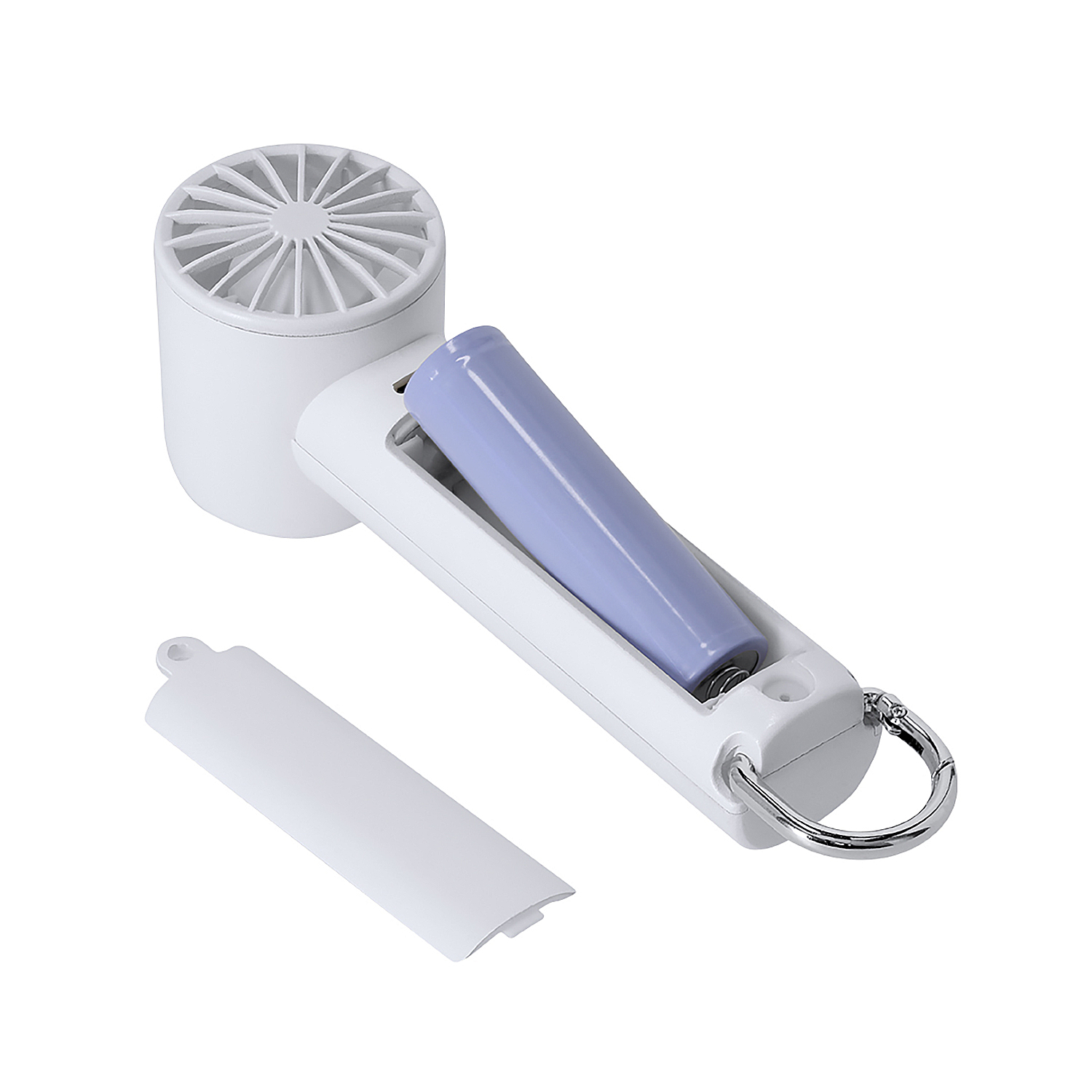 Un mini ventilador blanco con una batería morada insertada y su tapa quitada.