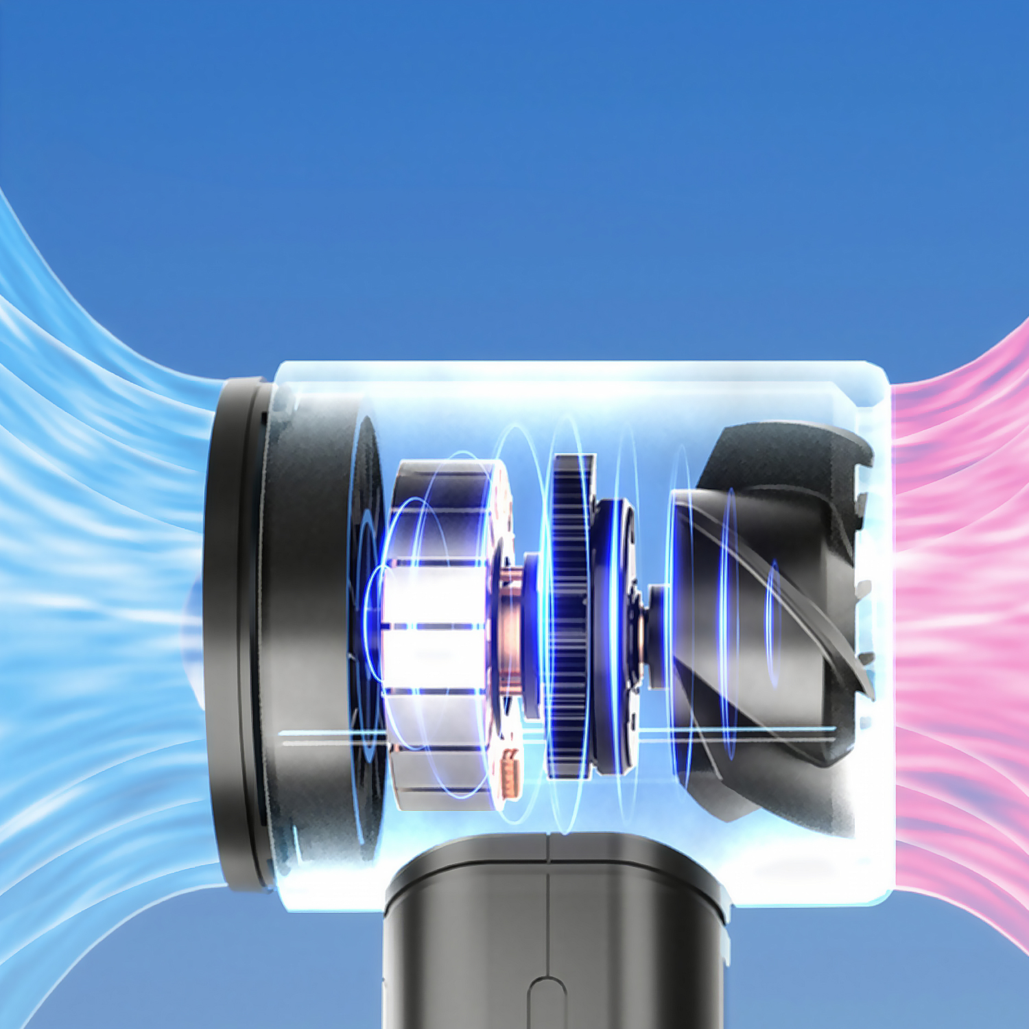 Primer plano de un motor de ventilador con flujo de aire azul y rosa.