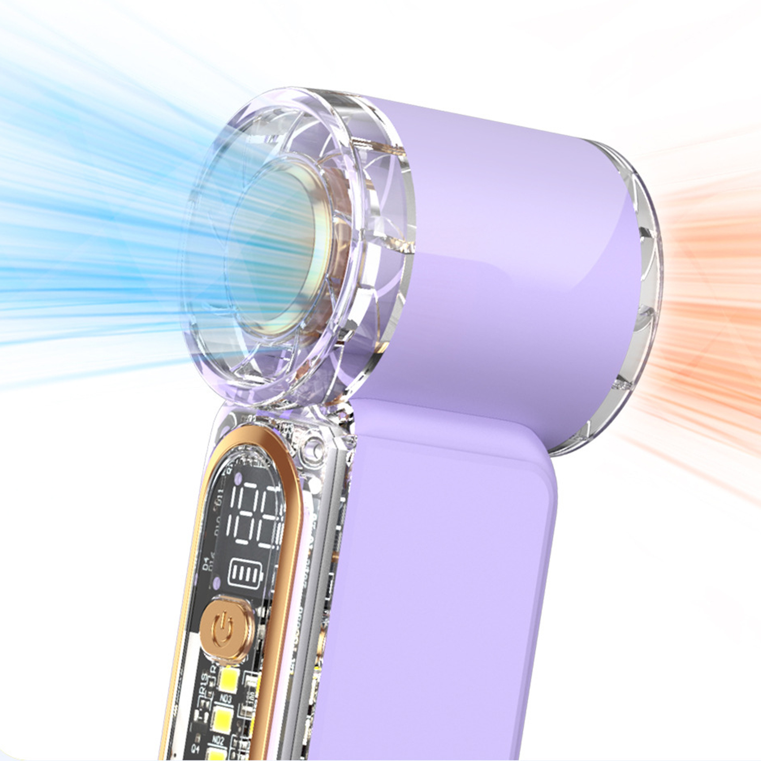 Un ventilador morado emite aire frío azul y aire caliente naranja.