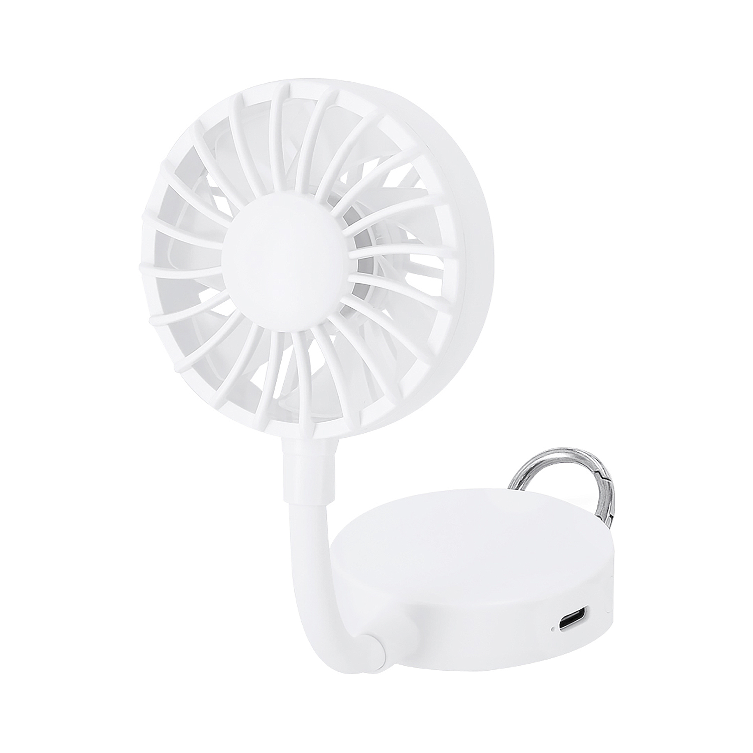 Un ventilador portátil blanco con puerto de carga USB y un llavero plateado sobre fondo blanco.