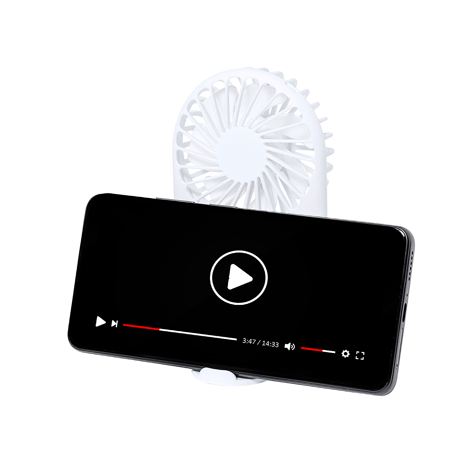 Un mini ventilador blanco está montado detrás de un smartphone reproduciendo un video.