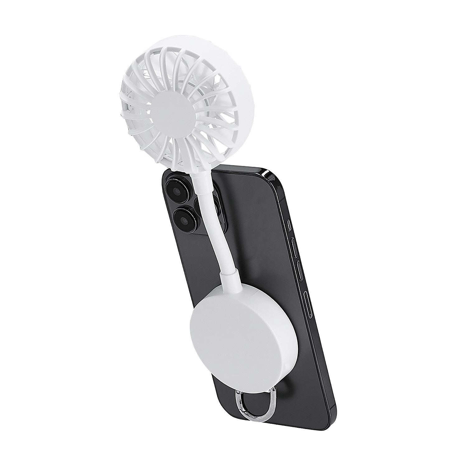 Un ventilador blanco para móvil con brazo flexible y soporte de anillo en un smartphone negro.