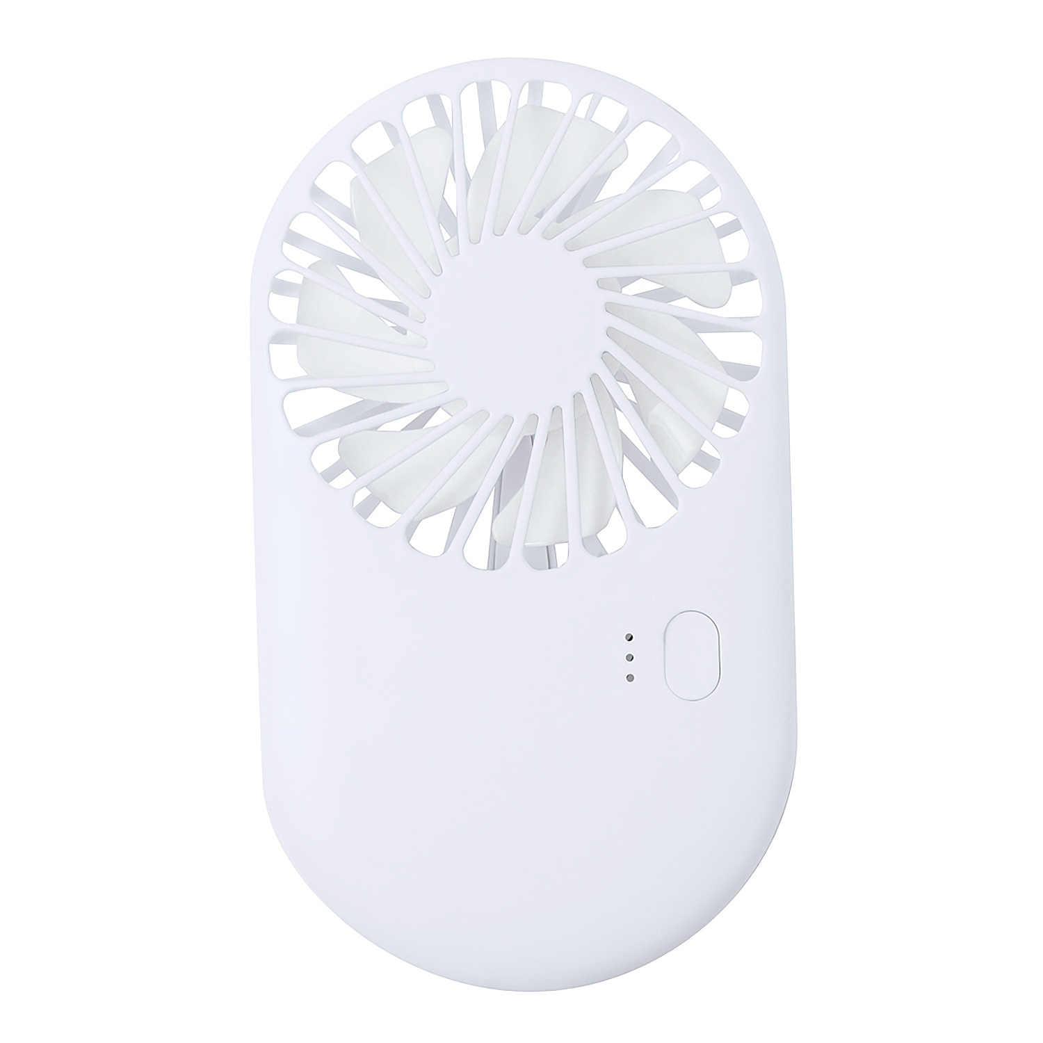 Un ventilador portátil blanco con aspas y un botón redondo.