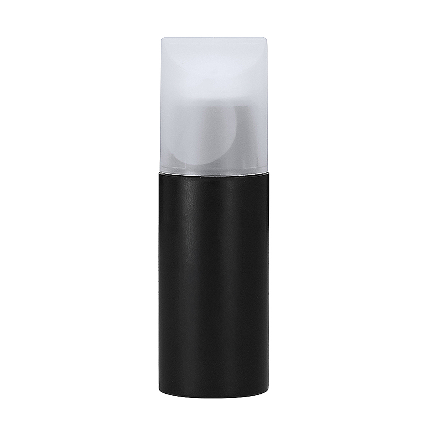 Un recipiente negro con tapa blanca translúcida sobre fondo blanco.