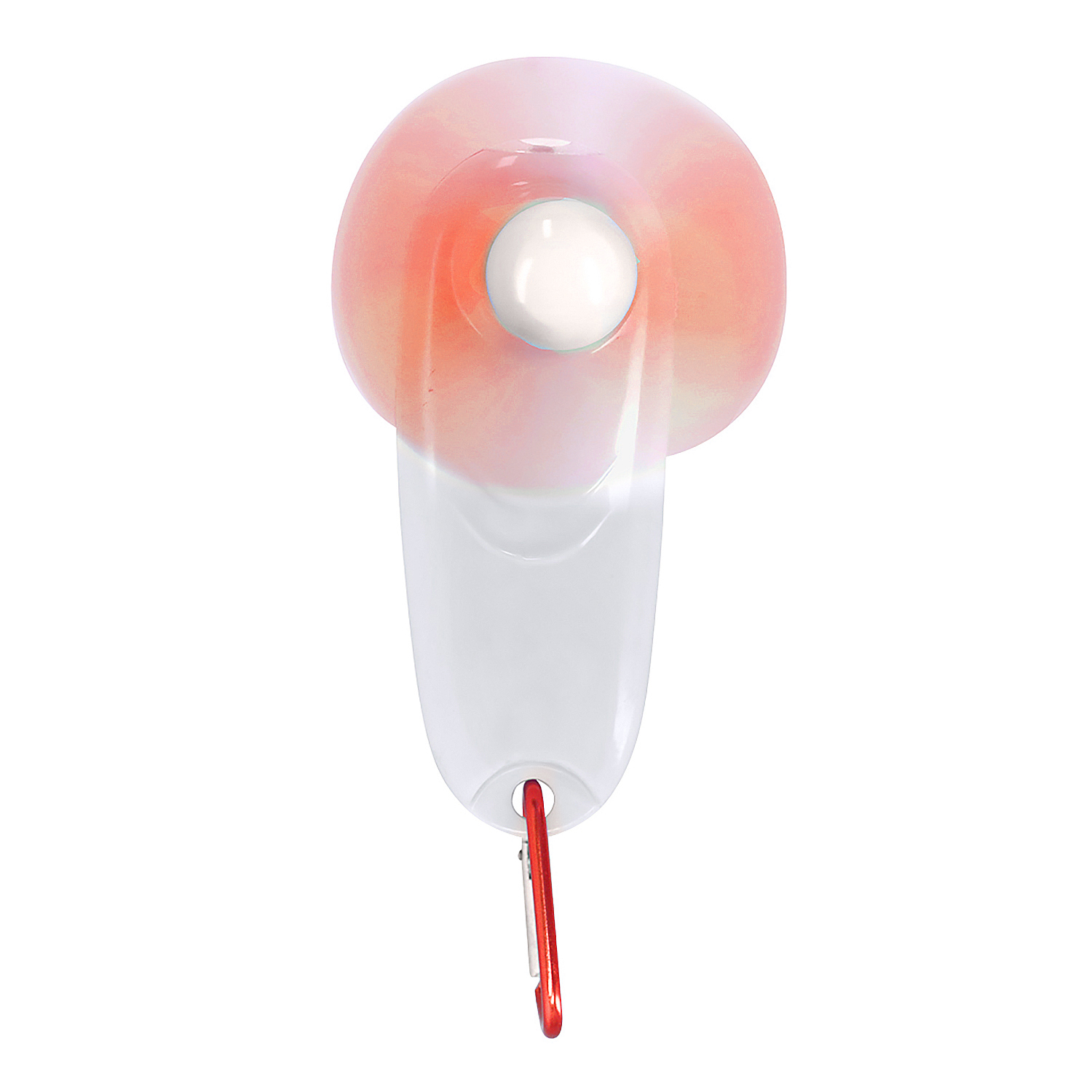 Un recipiente transparente con forma de lágrima con un clip de mosquetón rojo.