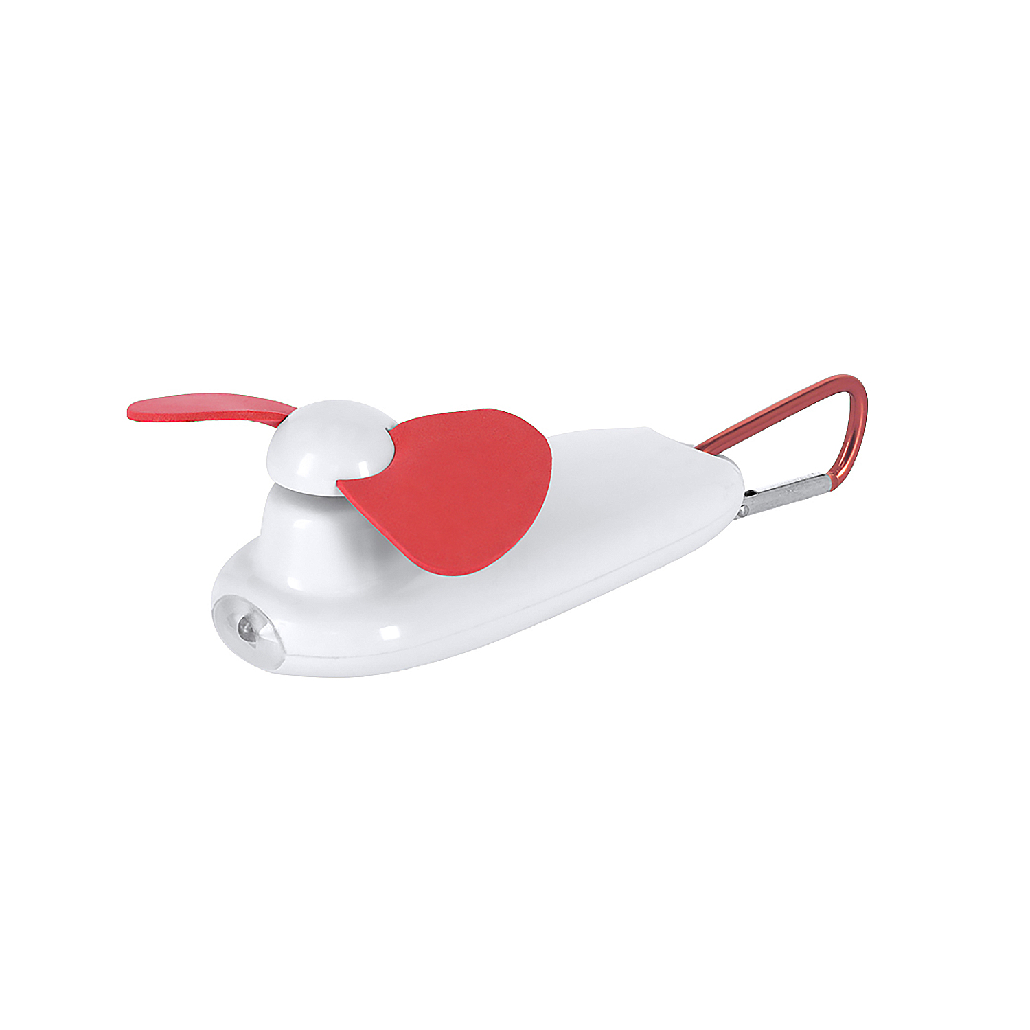 Un mini ventilador blanco con aspas rojas y linterna.