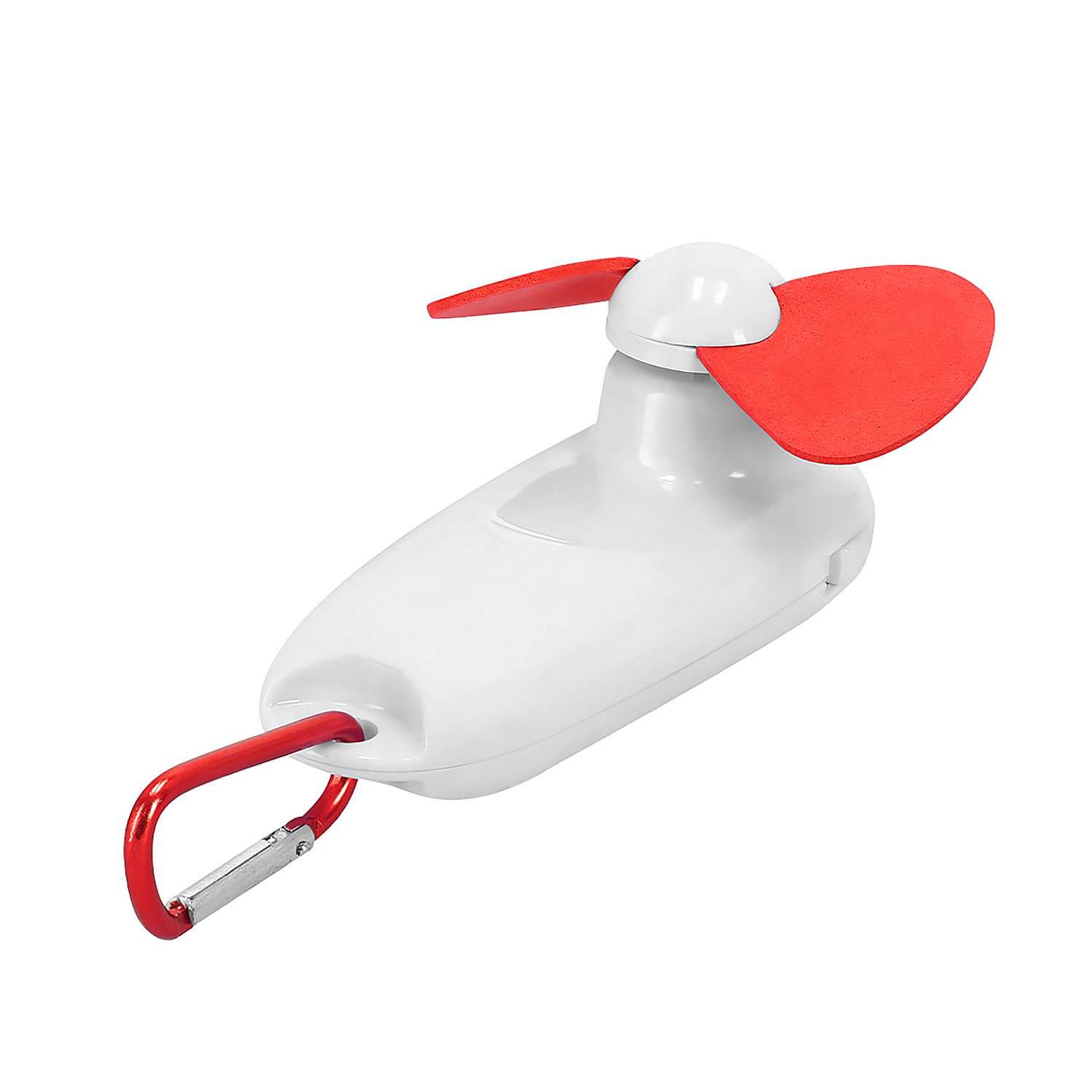 Un mini ventilador blanco con aspas rojas y un clip de mosquetón rojo.