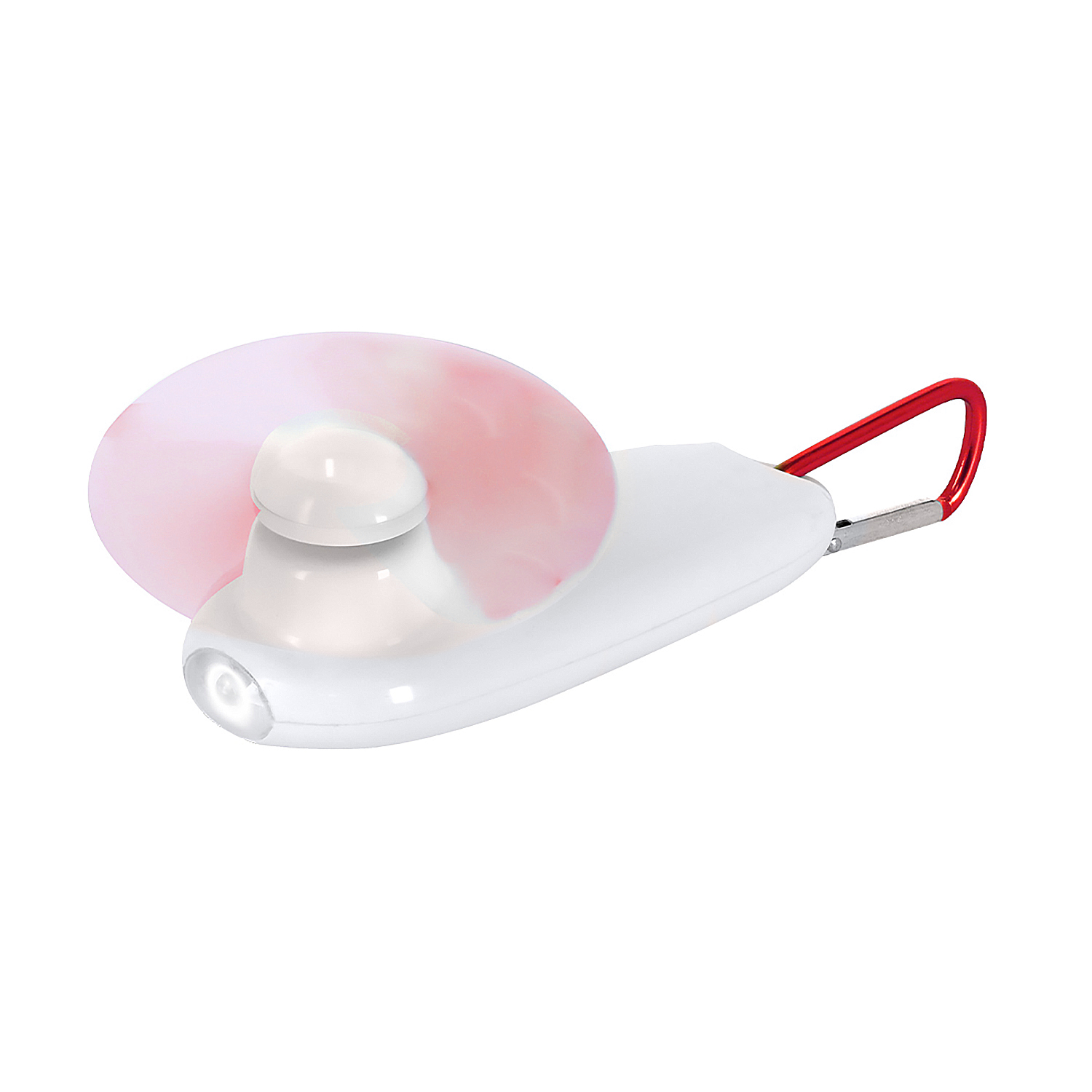 Un mini ventilador blanco con mosquetón rojo y luz LED.