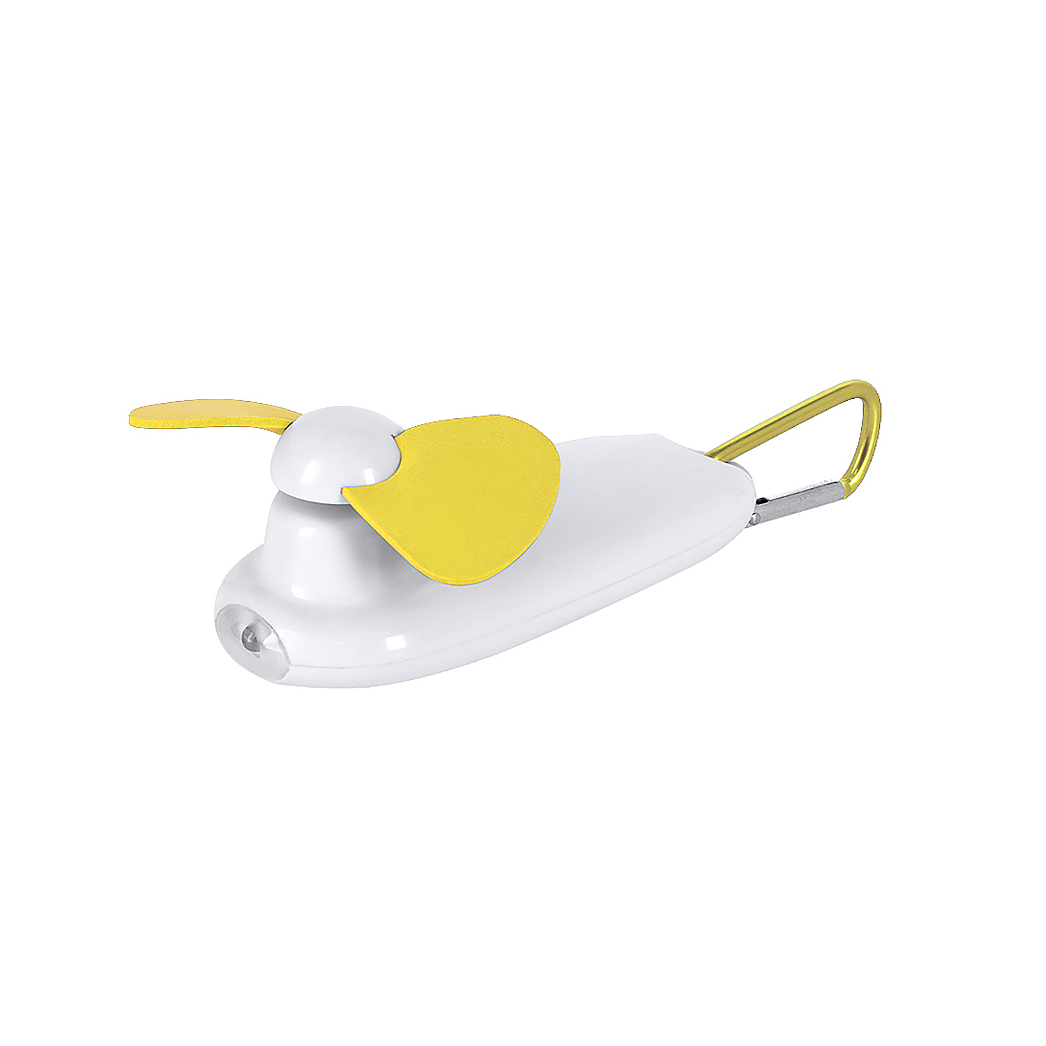 Un mini ventilador blanco con aspas amarillas y una pequeña luz.