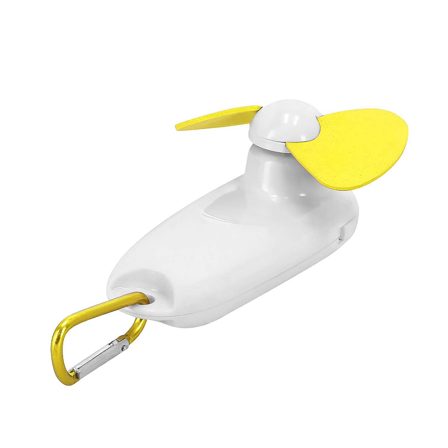 Un pequeño ventilador blanco con aspas amarillas y un clip.