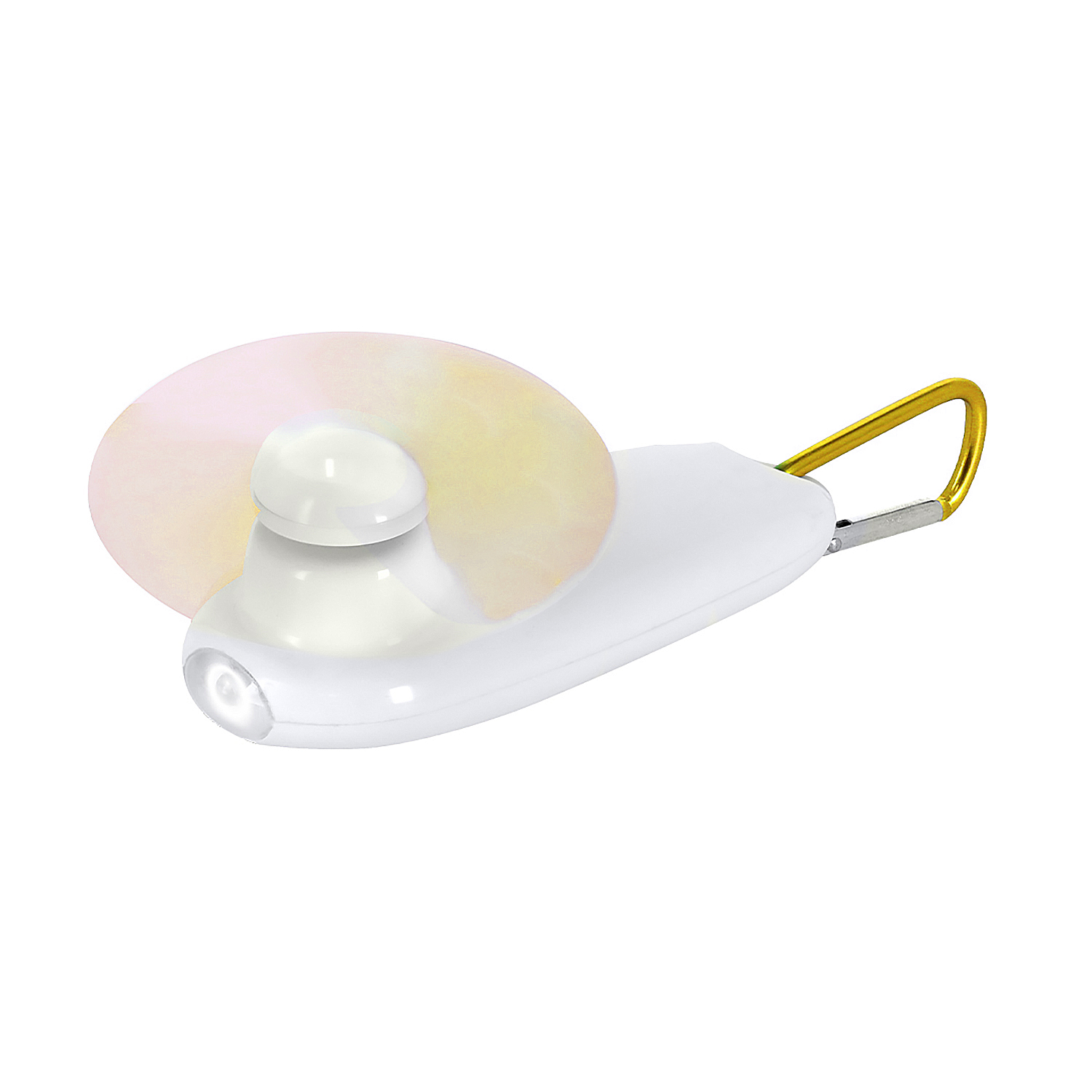 Un ventilador portátil blanco con luz y clip dorado está sobre fondo blanco.