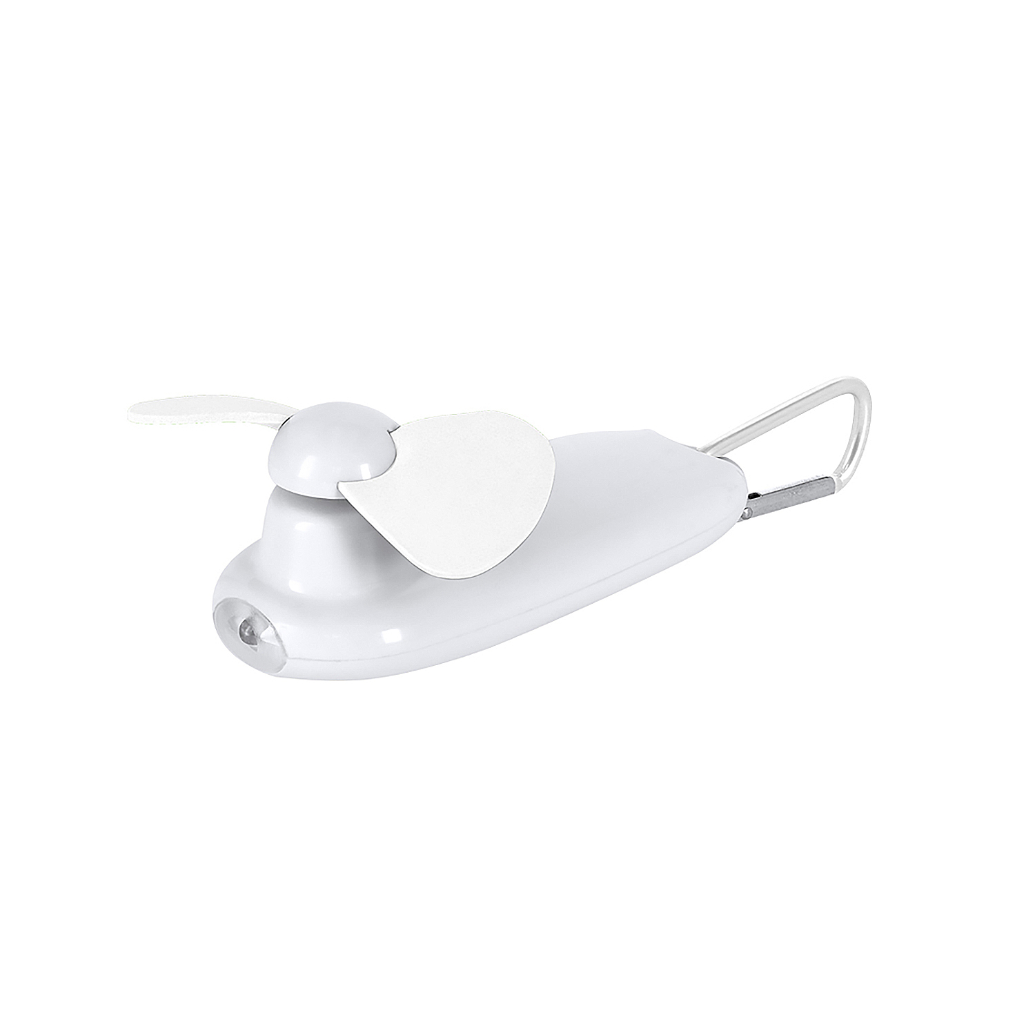 Un pequeño ventilador portátil blanco con luz LED y clip de mosquetón.