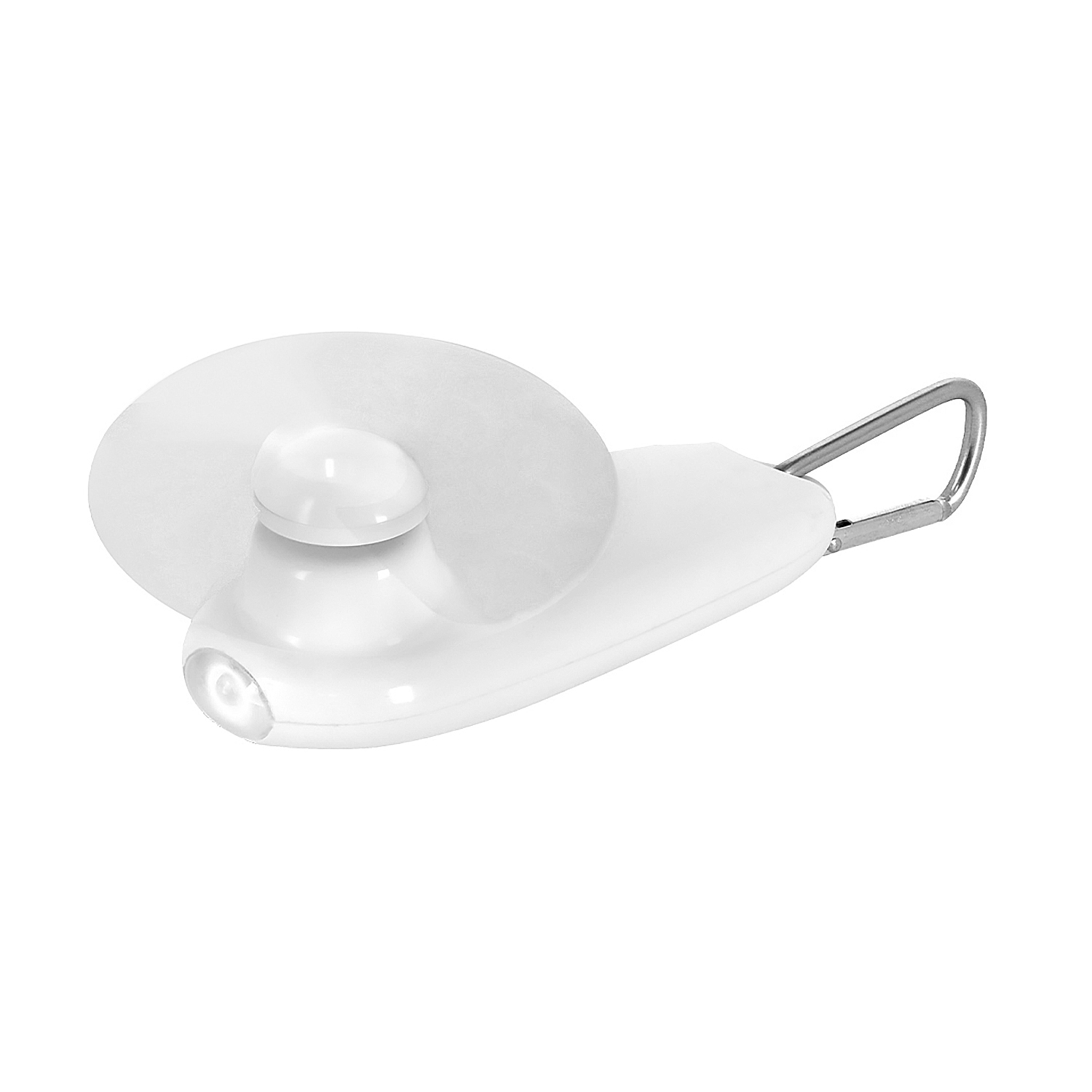 Un pequeño ventilador blanco con LED y clip metálico.