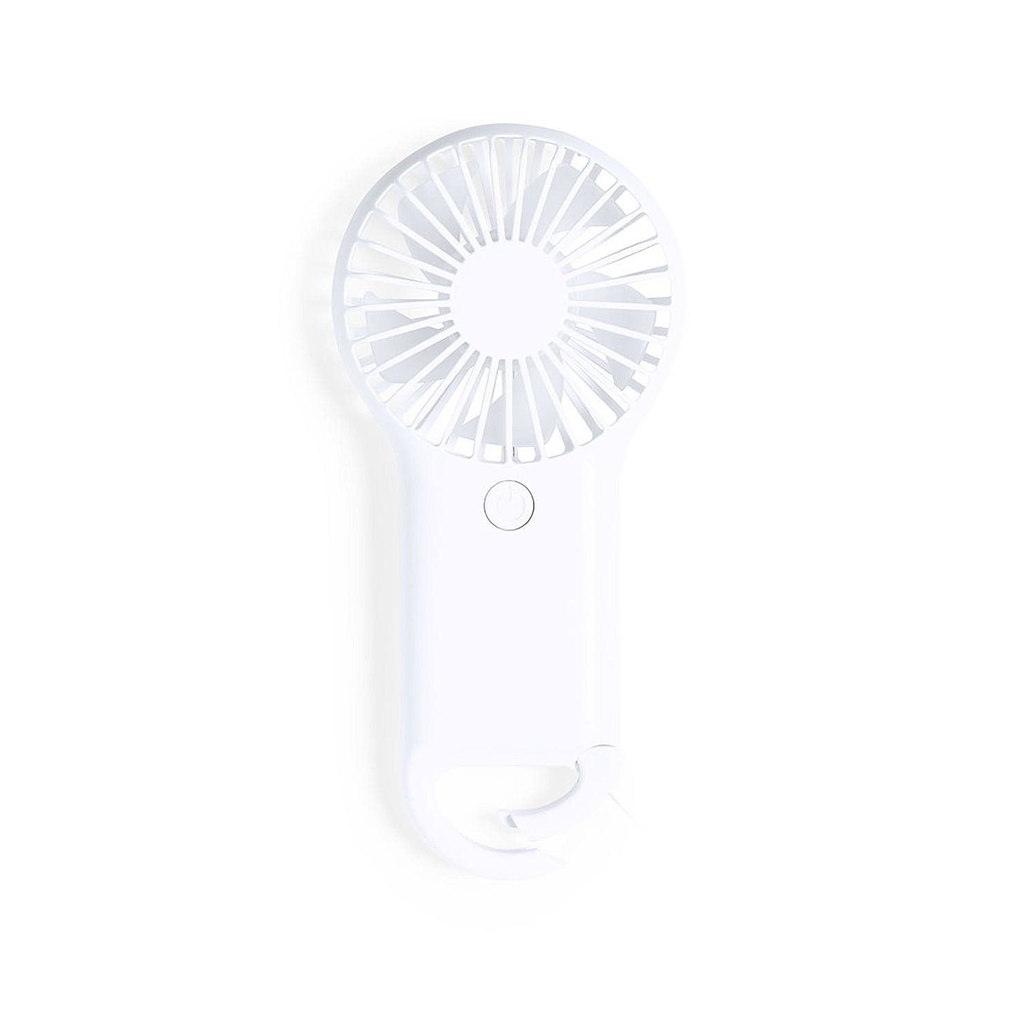 Un ventilador portátil blanco con aspas y un asa con gancho.
