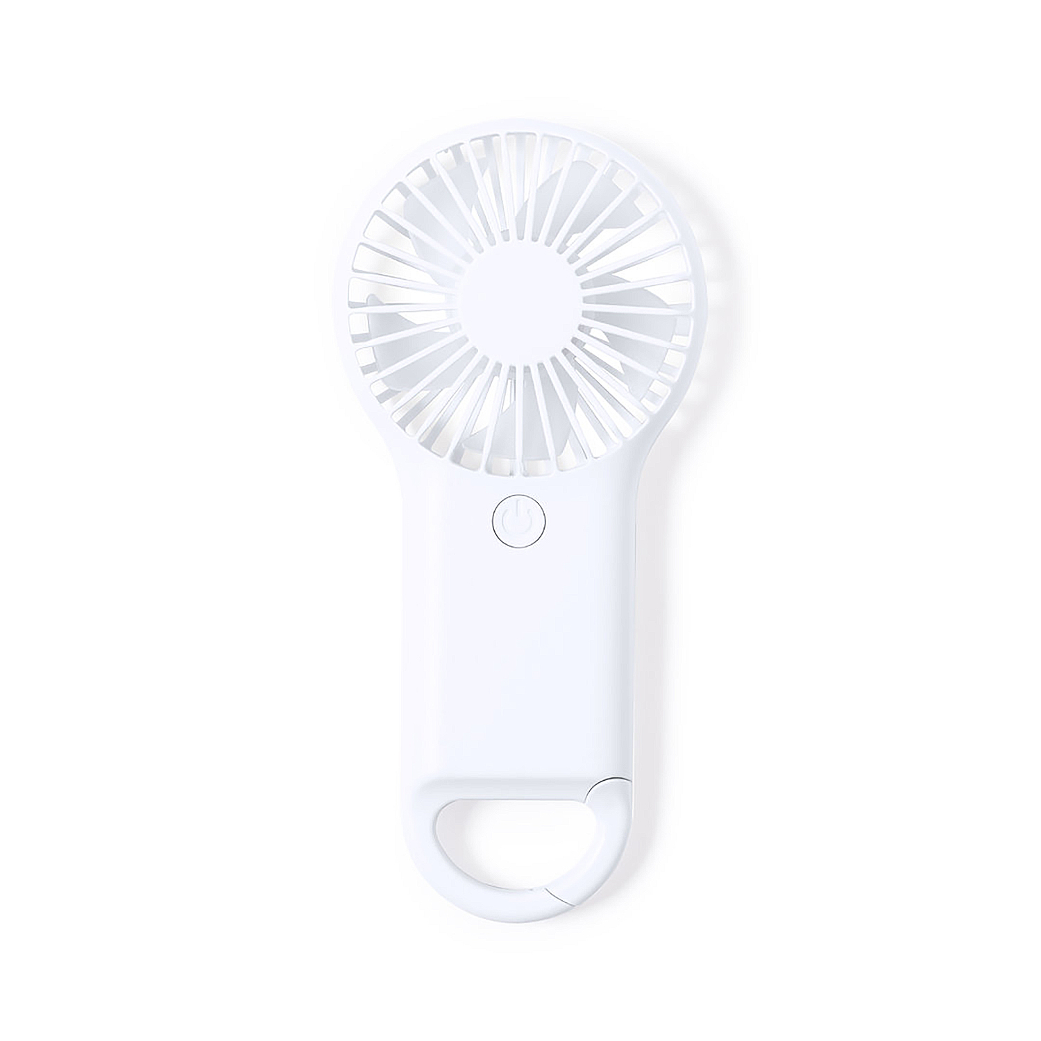 Un mini ventilador portátil blanco con cabeza redonda y mango.