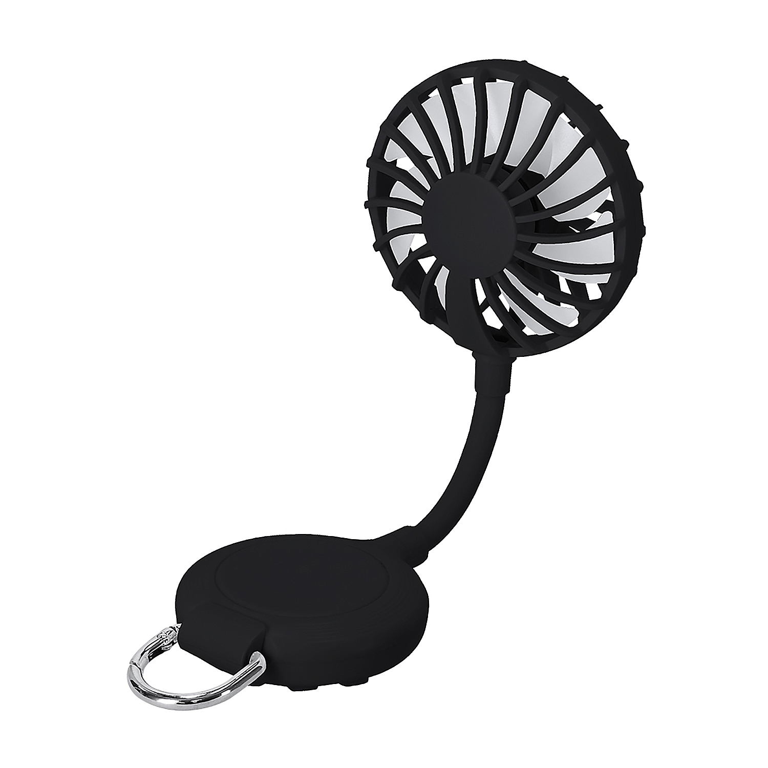 Se muestra un ventilador portátil negro con cuello flexible y anillo de llavero.