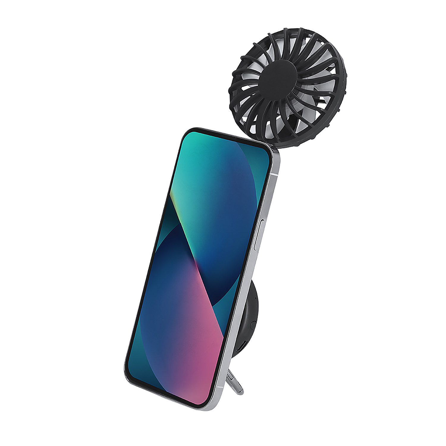 Un ventilador negro para teléfono está acoplado a un smartphone.