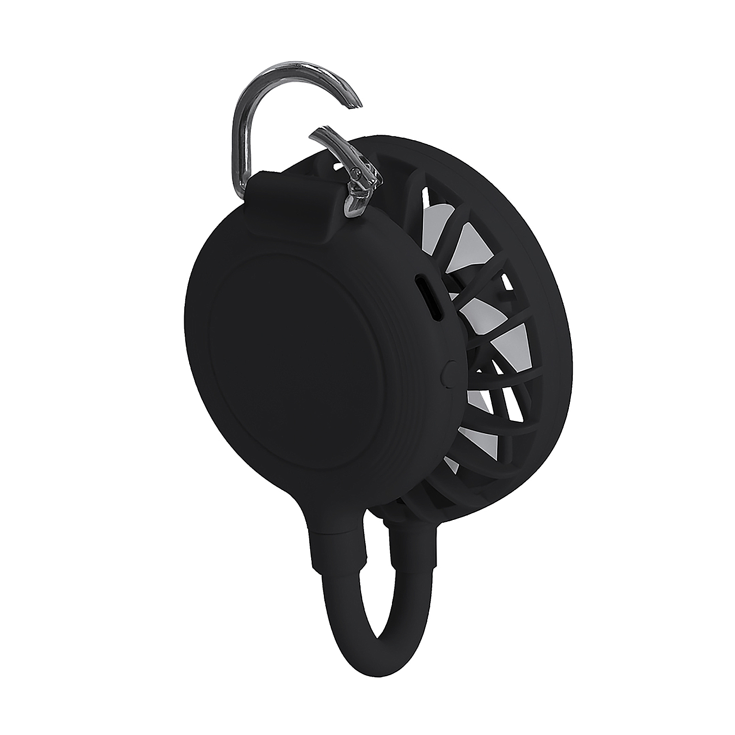 Un mini ventilador portátil negro con clip de mosquetón y lazo.