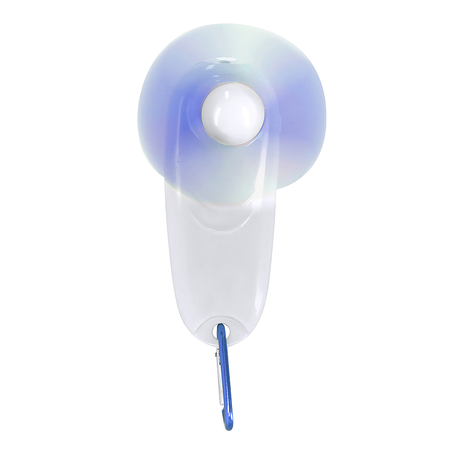 Un ventilador transparente con un mosquetón azul sobre fondo blanco.