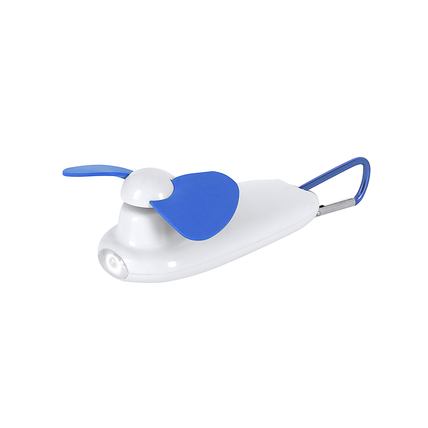 Un pequeño ventilador blanco con aspas azules y luz LED.