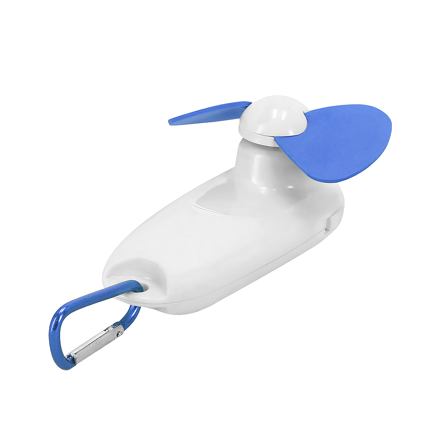 Un pequeño ventilador blanco con aspas azules y un clip de mosquetón.